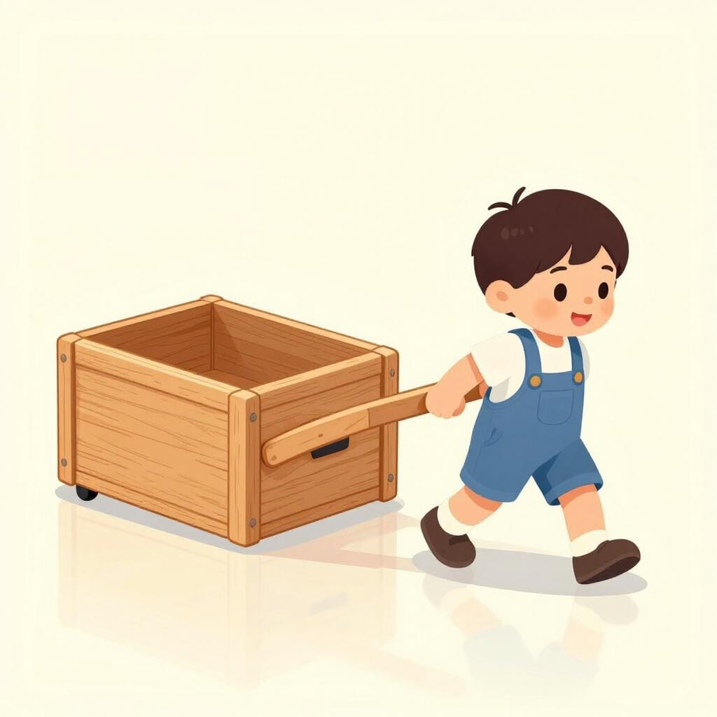 Een kind trekt een grote houten speelgoedkist over een houten vloer.