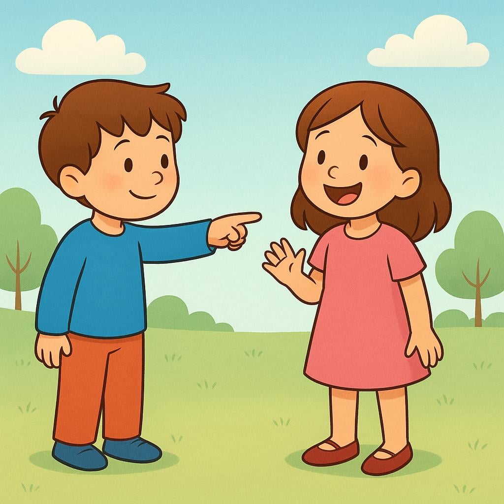 A high quality simple colorful storybook illustration showing a child pointing emphatically with their finger toward a smiling girl standing nearby, illustrating the command 'look at her'.