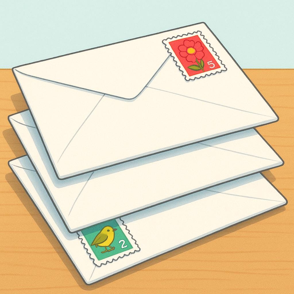 A neat stack of three sealed white envelopes with colorful stamps, suggesting written correspondence.