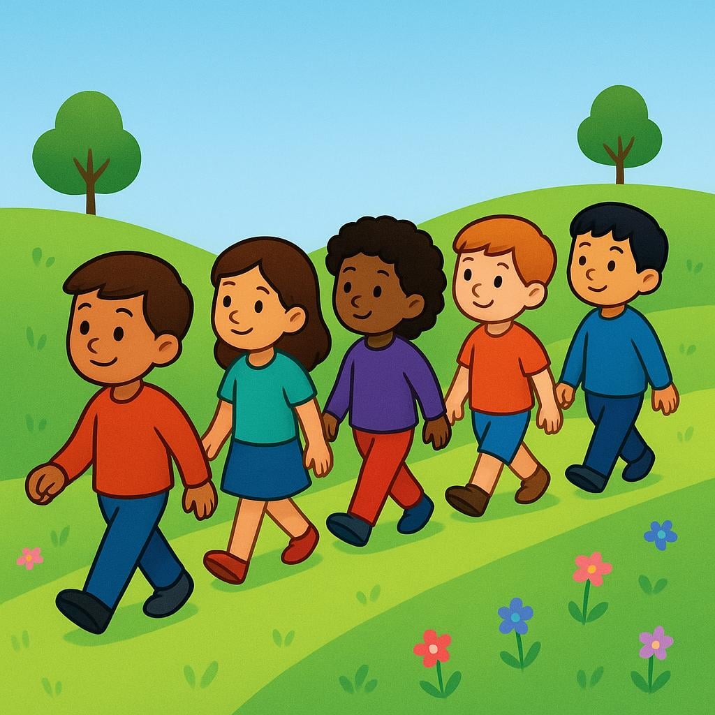 A high quality storybook illustration showing five simplified, colorful figures walking single file along a winding path. The figure in front is leading, and the four figures behind are clearly following.