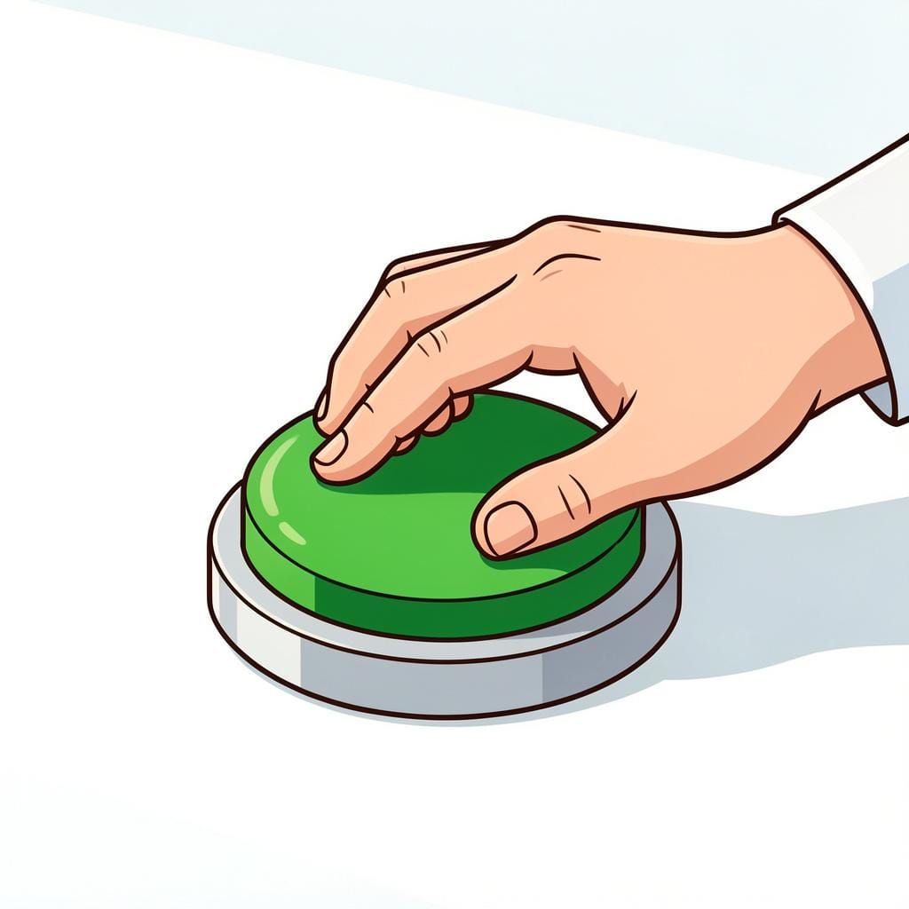 Eine Nahaufnahme der Hand einer Person, die einen großen, leuchtenden Knopf drückt, um zu bestätigen, dass eine Aufgabe abgeschlossen ist.