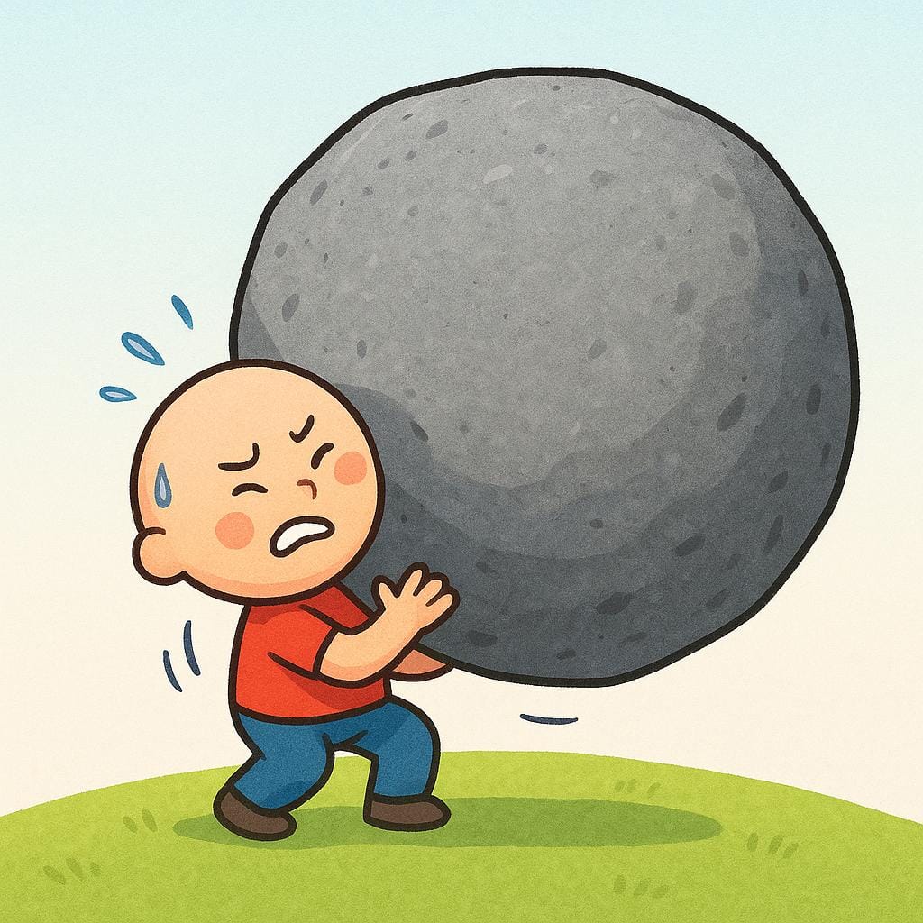 Eine kleine, besorgte Figur versucht, einen massiven, grauen, schwer aussehenden Felsbrocken auf einem einfachen Weg zu schieben oder zu heben, was ein ernstes Problem symbolisiert.