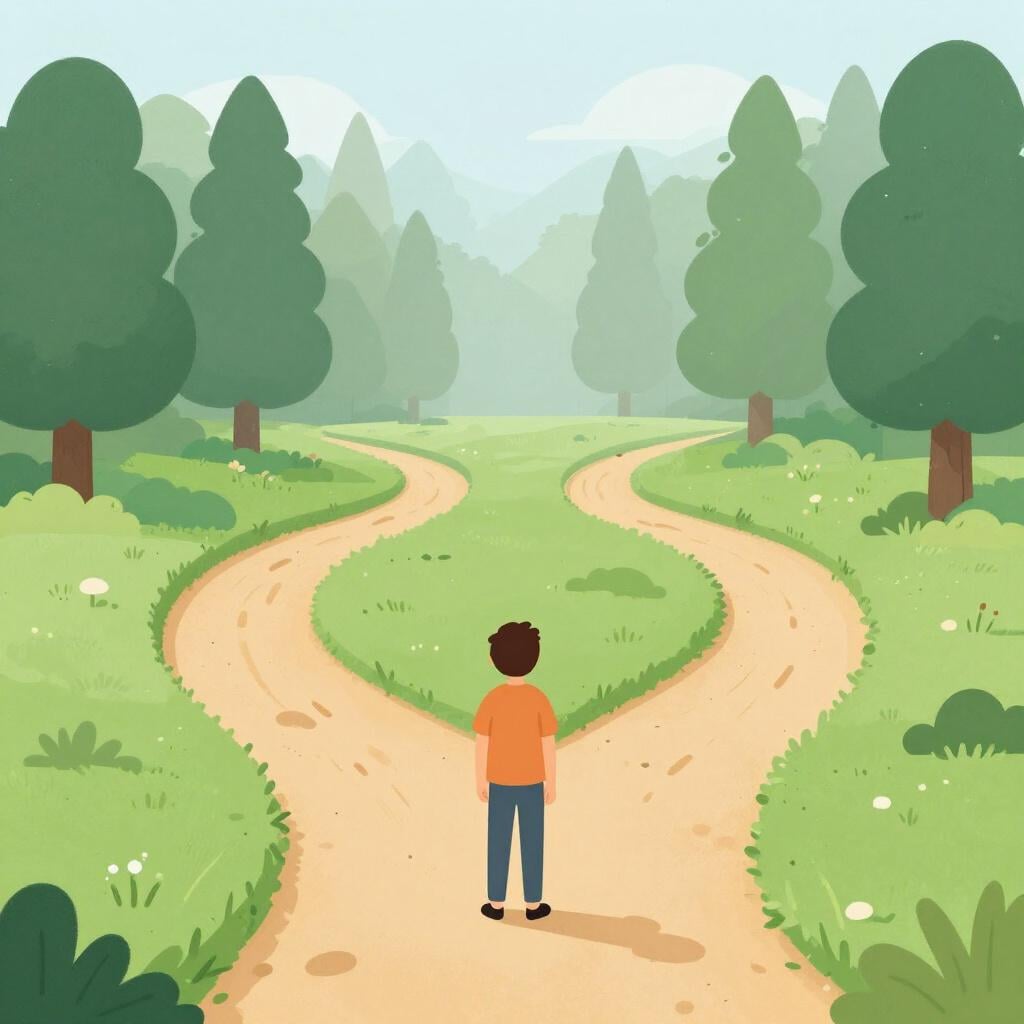 A traveler standing at a fork in a path in a foggy forest, looking at two different directions.