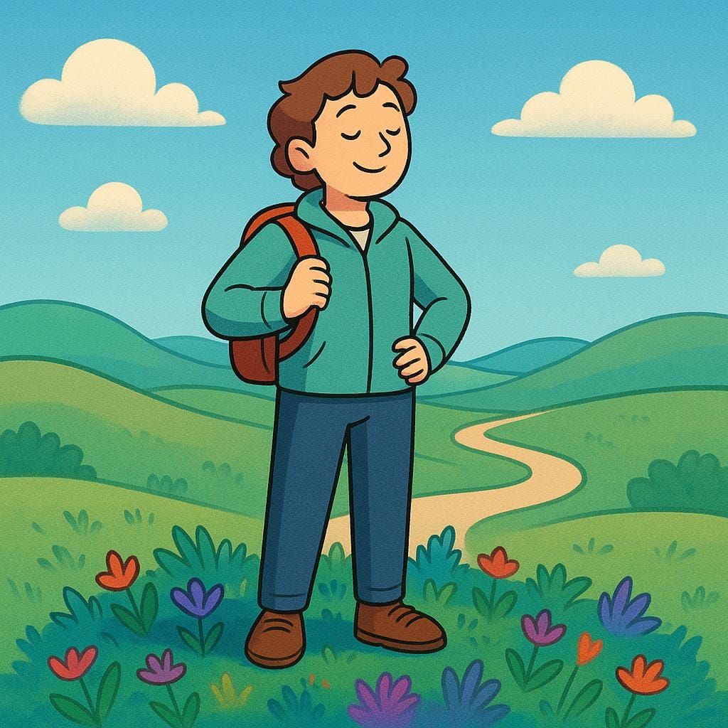 Une illustration de livre d'histoires de haute qualité montrant une personne avec un petit sac à dos debout sur un sol vivement éclairé, l'air satisfait. Un long chemin sinueux s'étend derrière elle, symbolisant un voyage ou un processus qui vient de s'achever.