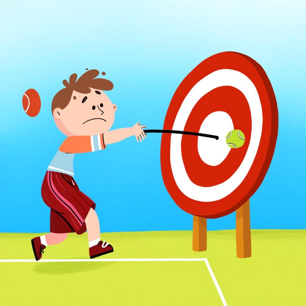 A cartoon character failing to hit a large target with a tennis ball, missing widely.