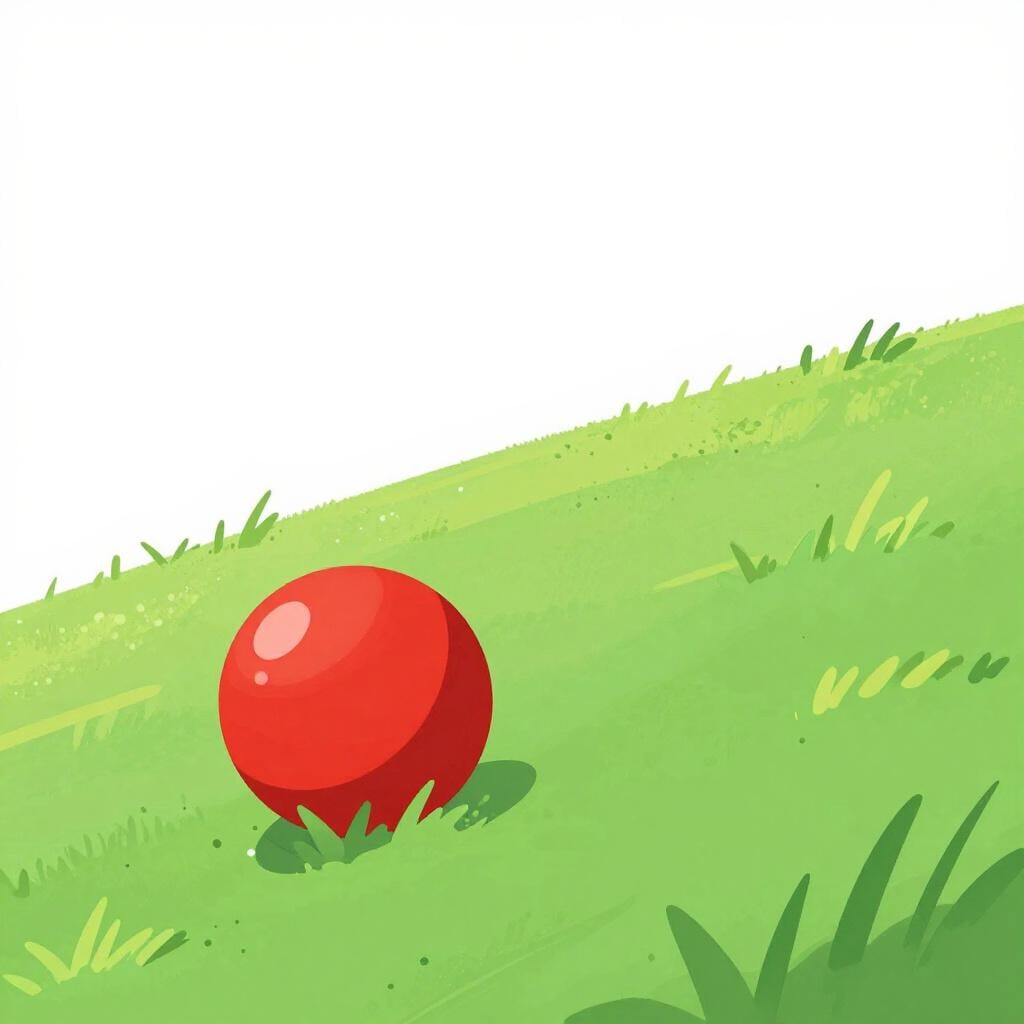 A red ball rolling down a green hill to demonstrate the physical laws of motion.