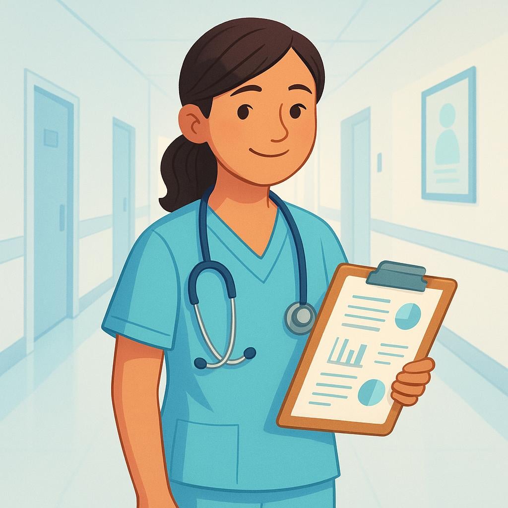 A young female doctor in light blue scrubs with a stethoscope around her neck, smiling and holding a medical clipboard.