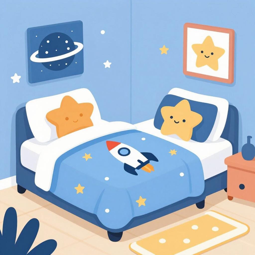 우주 테마로 완전히 꾸며진 아이 방, 별 모양 베개, 로켓 침대 커버, 행성 모양의 러그가 특징입니다.