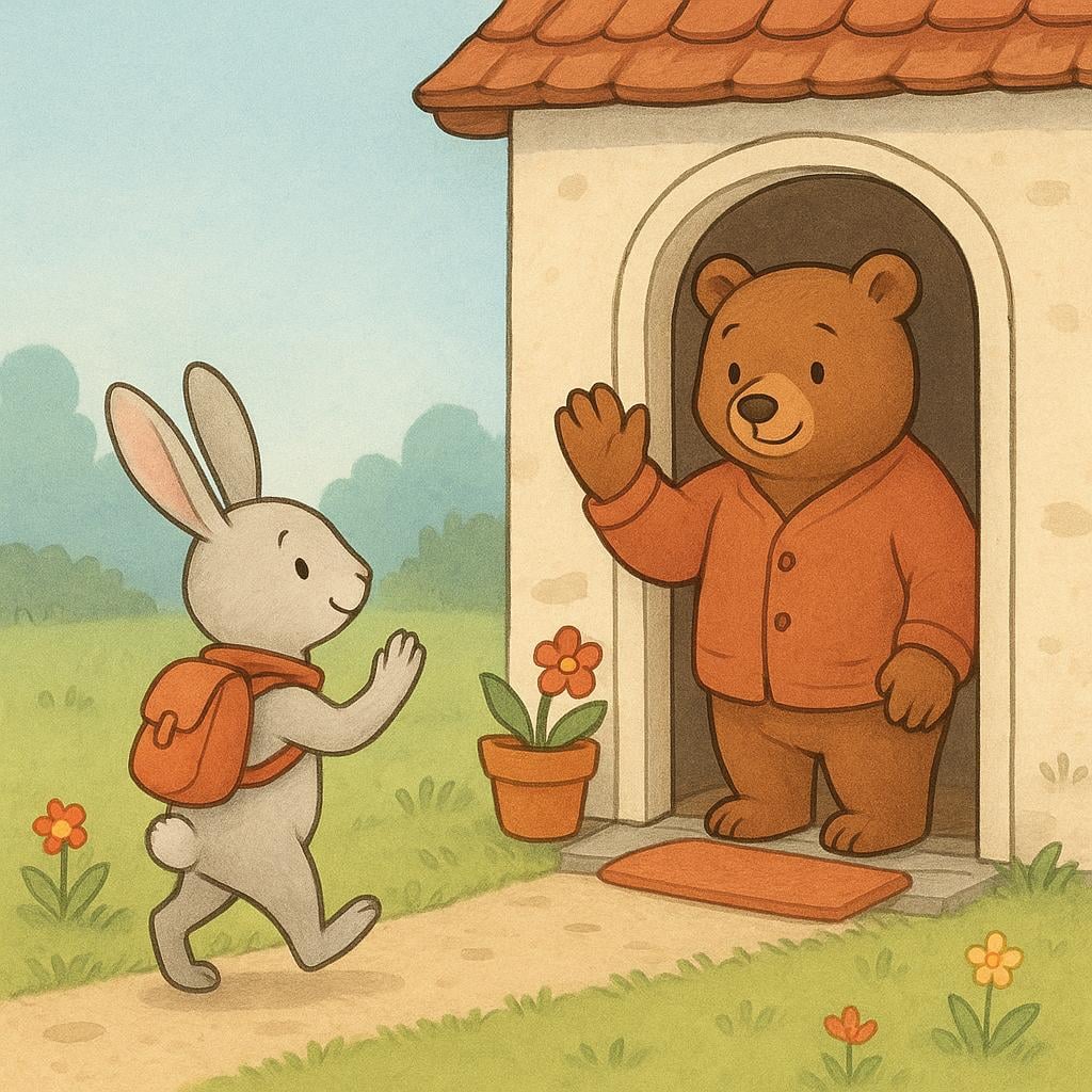 A storybook illustration showing two friendly cartoon characters, a rabbit and a bear, standing outside a colorful house. The rabbit is walking away but turns back to wave goodbye to the bear, who is waving back from the doorway, illustrating a warm farewell.