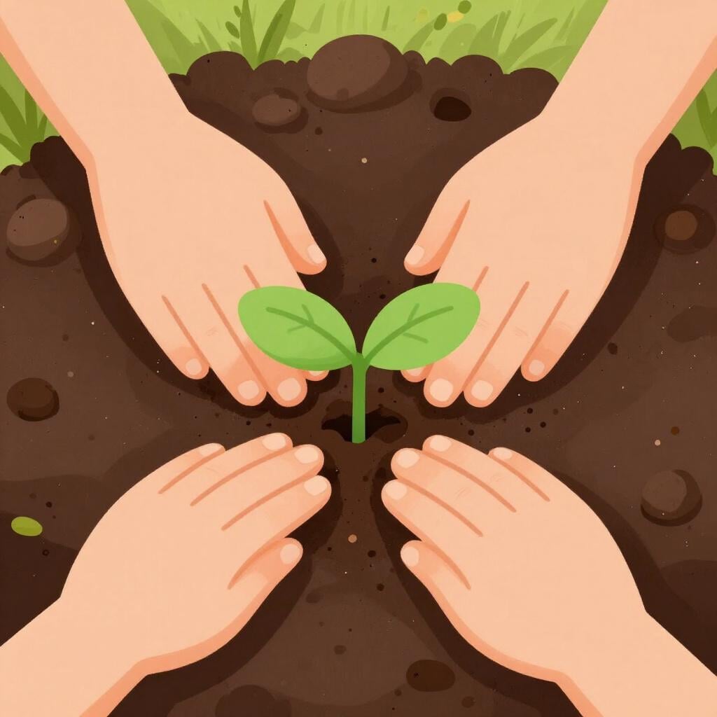 A person's hands gently placing a small green sprout into a hole in the rich brown soil.