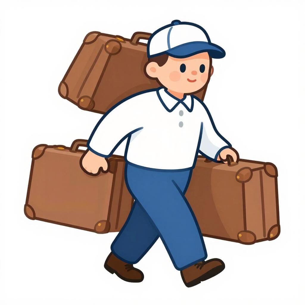 A porter carrying a stack of leather suitcases.