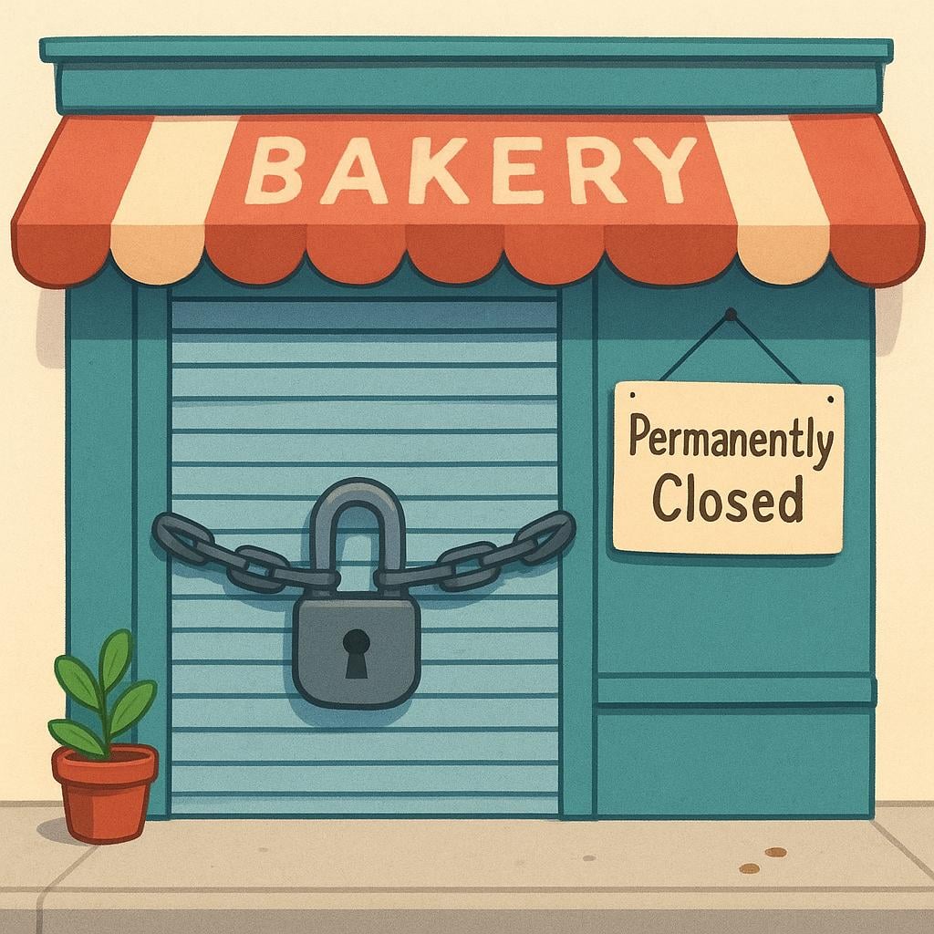 A small, colorful shop with its heavy metal security shutters completely pulled down and secured by a large padlock, symbolizing the permanent closure of a business.