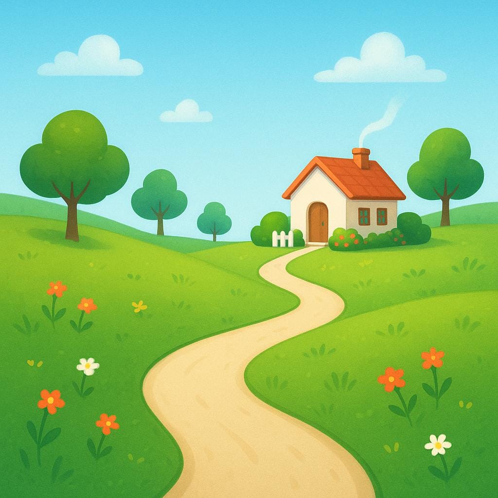 A winding dirt path stretching across a green landscape, visibly terminating at a small, welcoming cottage.