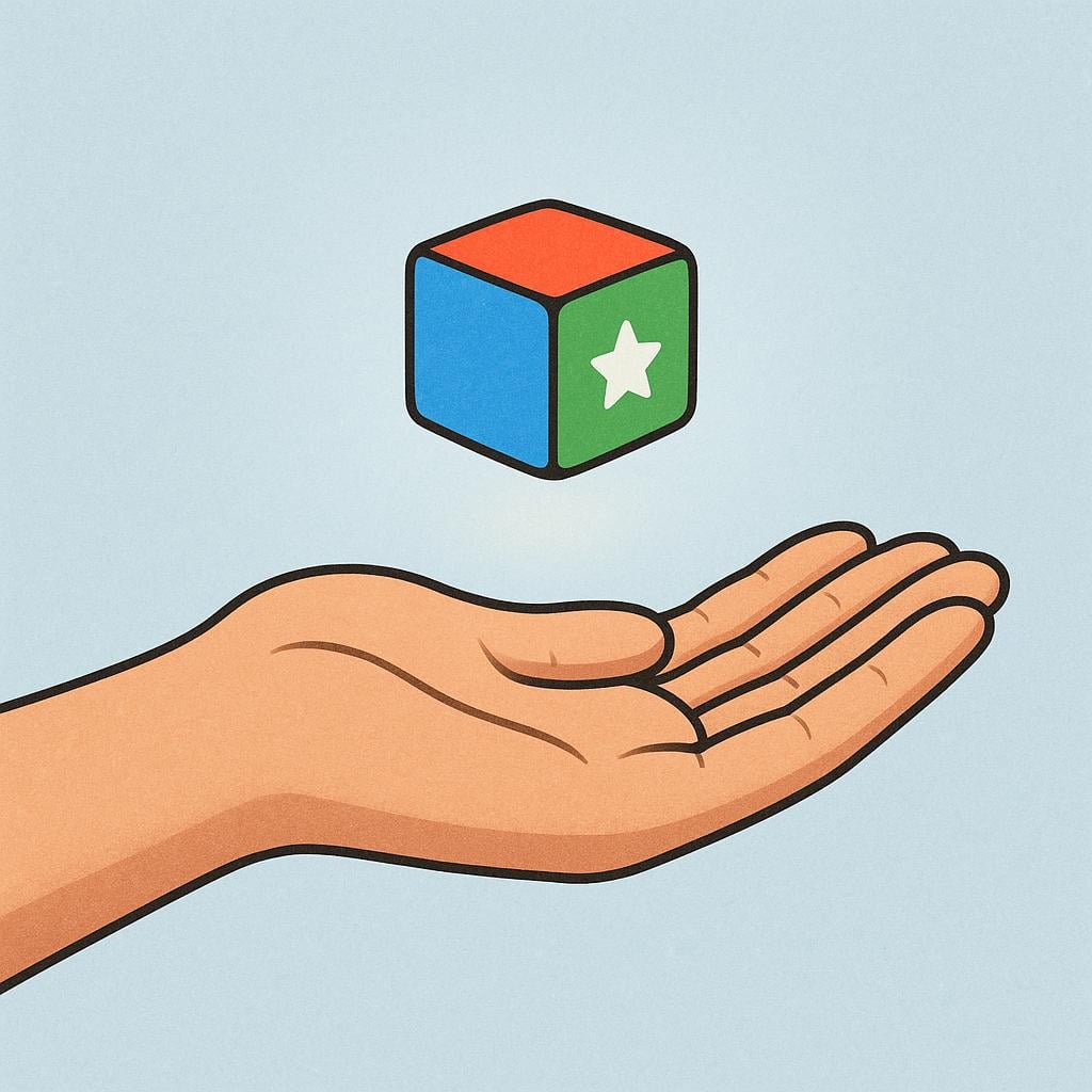 A close-up illustration of a person's forearm and open hand, palm facing upwards in a clear gesture of requesting an object. A small, colorful toy block is suspended directly above the palm, suggesting it is about to be given.
