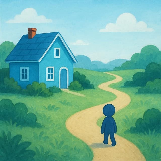 A small, simple figure walking down a winding path, actively moving away from a bright blue cottage, illustrating the act of departure.