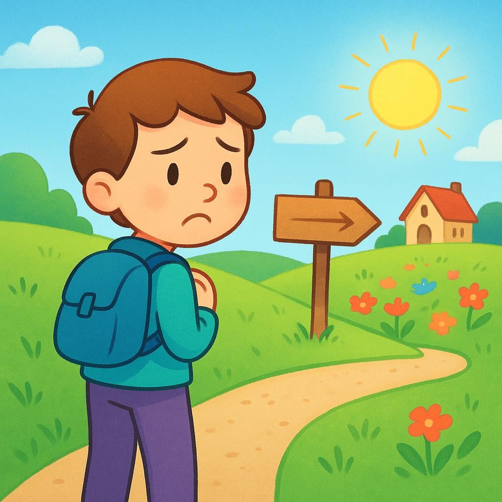 A cartoon character standing on a path, looking back wistfully at a sign pointing toward a clearly visible, sunny destination they decided not to take, symbolizing regret.