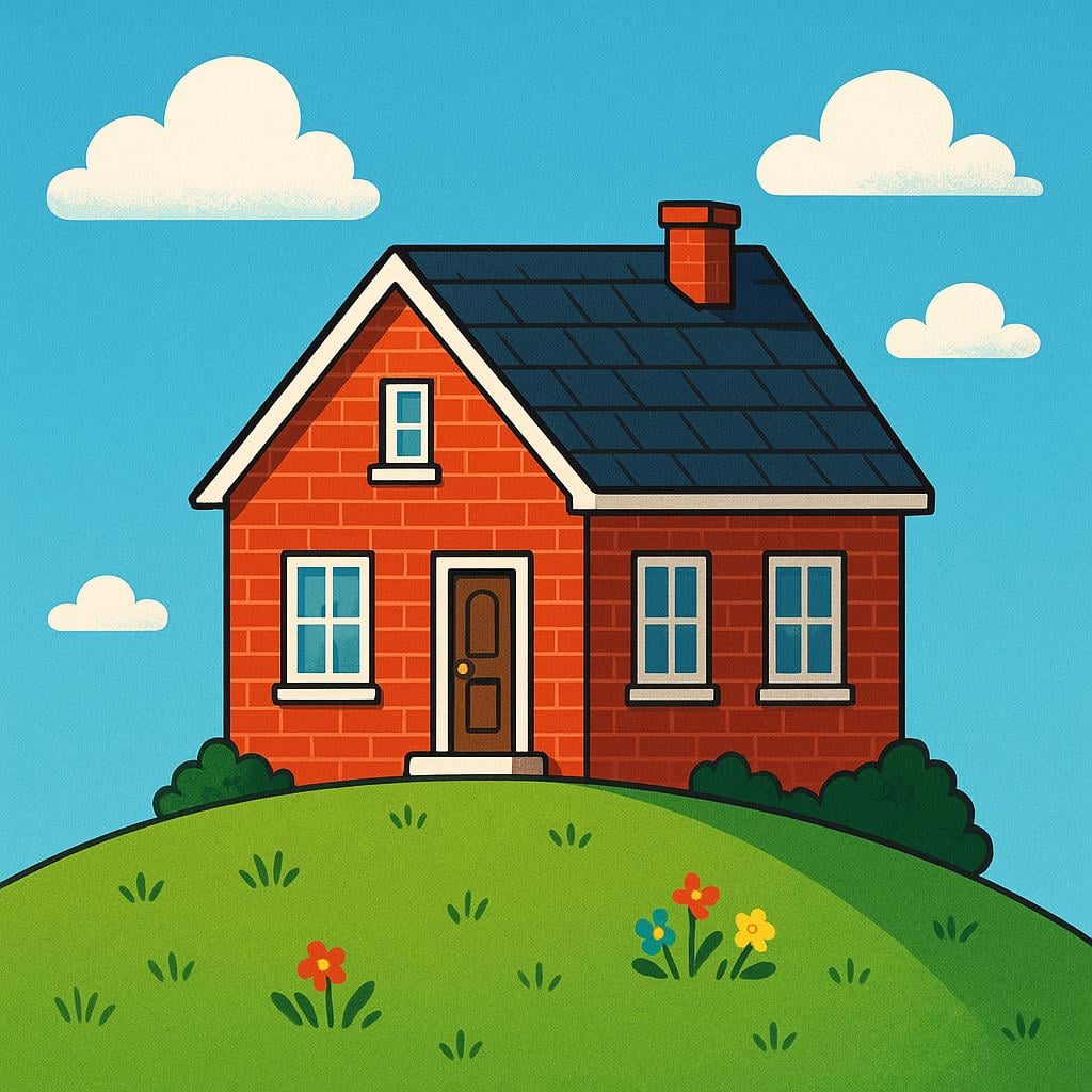 A sturdy, newly completed brick house with a red roof standing firmly on a green hill under a bright blue sky.