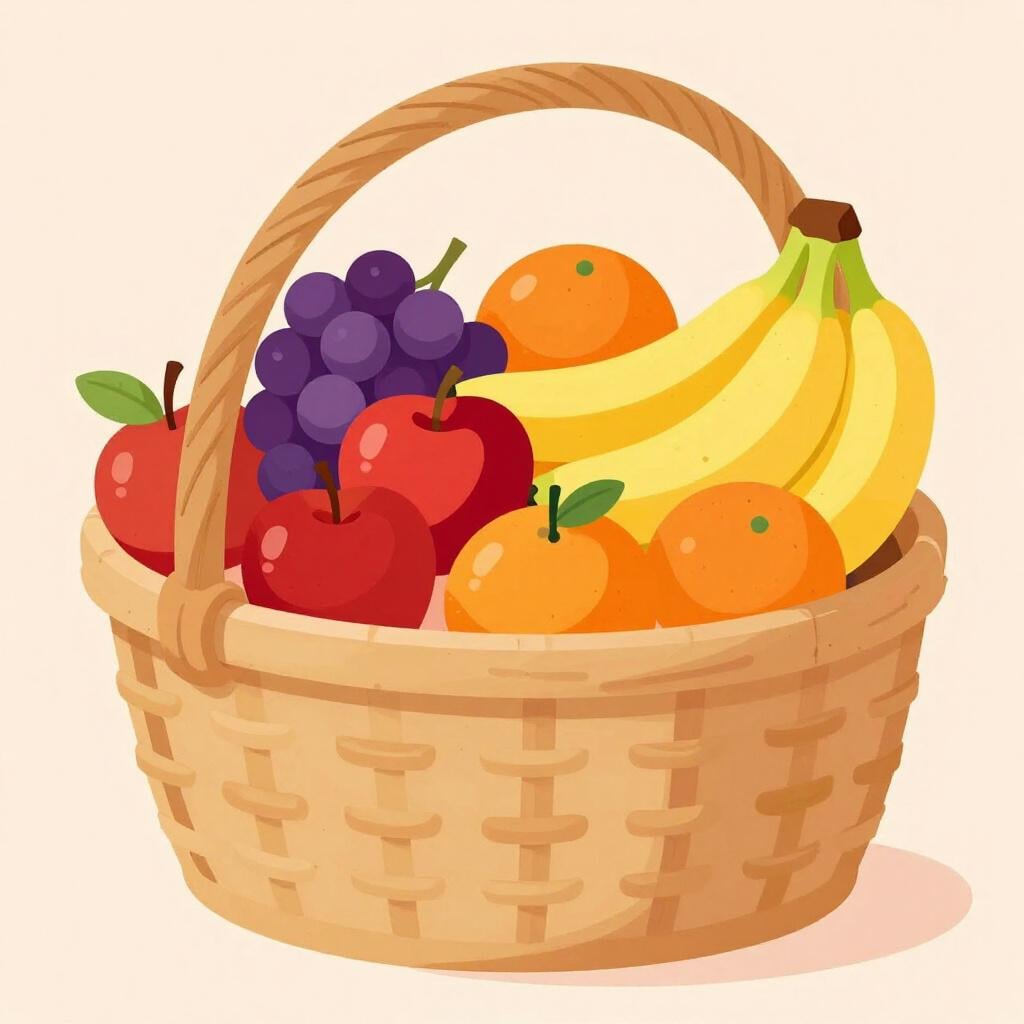 A colorful basket filled with many different types of fruits like apples, grapes, bananas, and oranges.