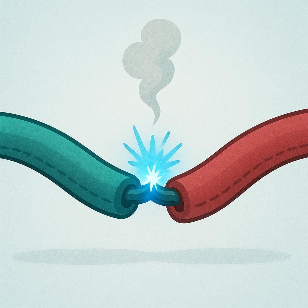 Two thick, insulated electrical wires touching, creating a bright blue electrical spark and a puff of smoke.