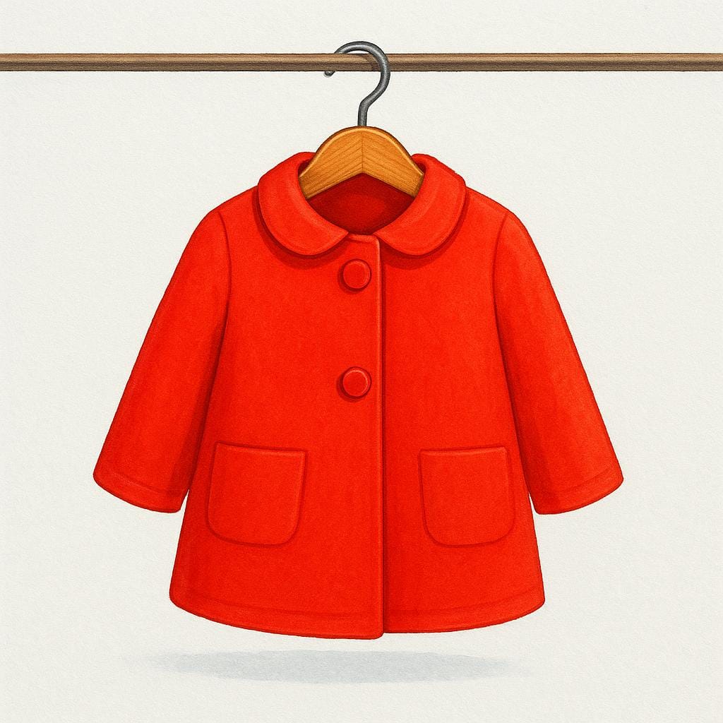 A bright red coat hanging from a single wooden hanger on a simple clothes rod.