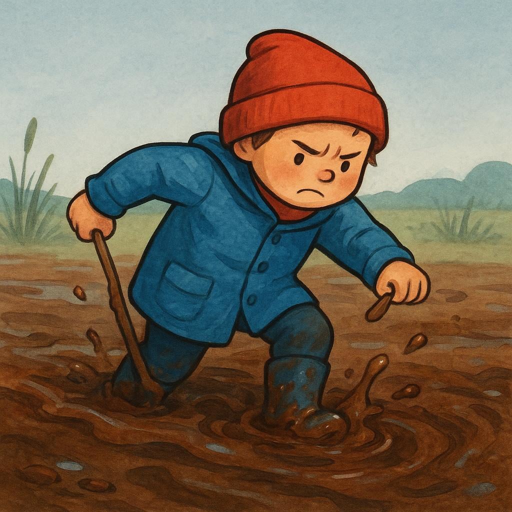 A simplified illustration of a small figure wading slowly and laboriously through deep, dark, viscous mud that reaches up to their waist, symbolizing a difficult ordeal or experience.