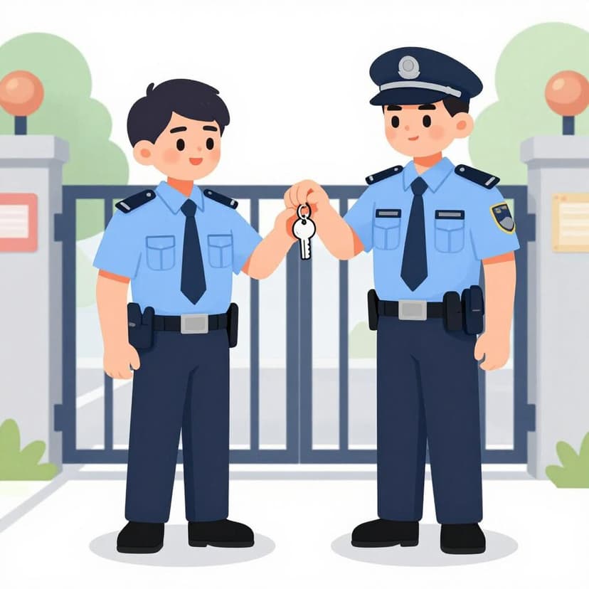 A friendly security guard in a blue uniform handing a set of keys to another guard in the same uniform to start a new shift.