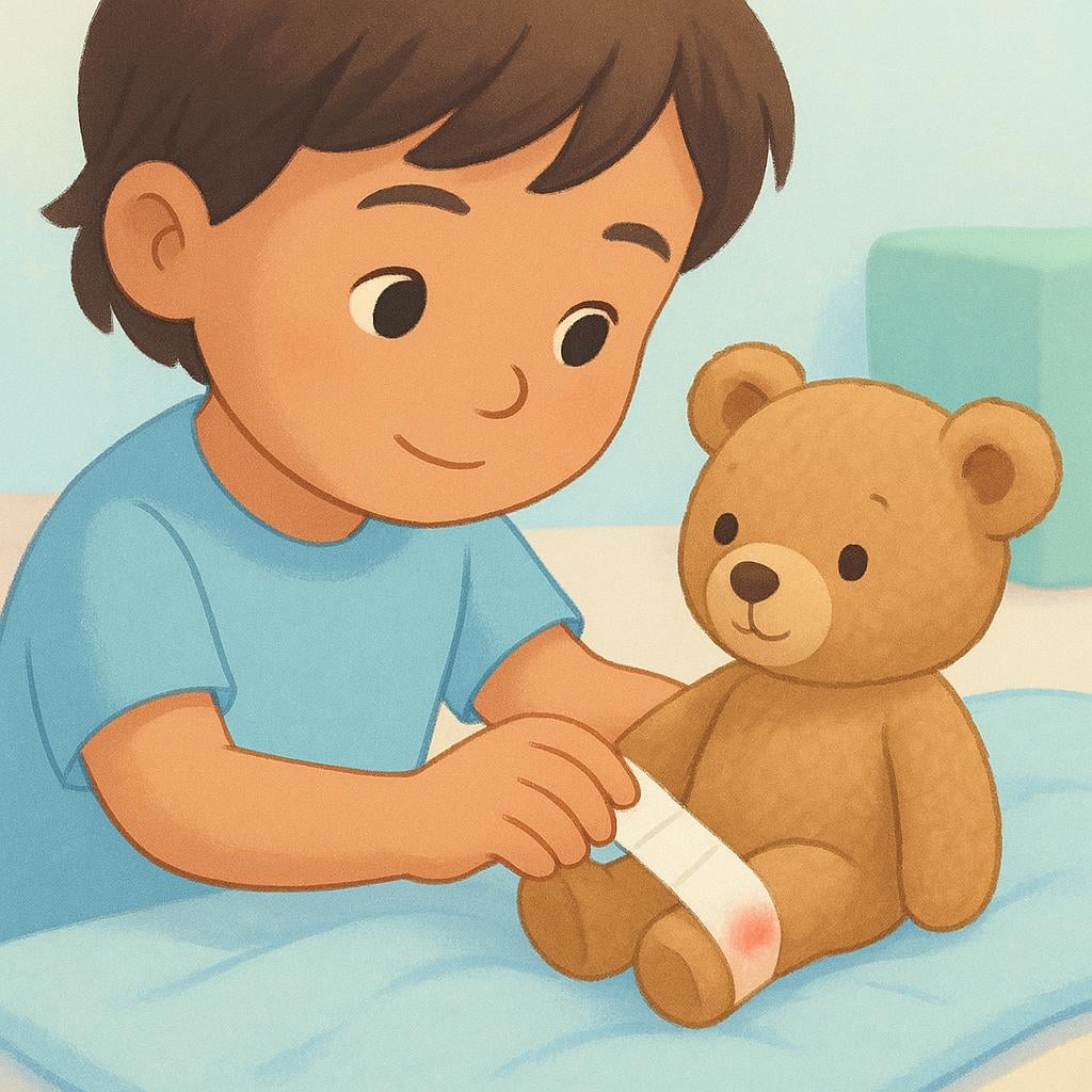 A child carefully wrapping a small bandage around the leg of their teddy bear, showing an act of care or treatment.
