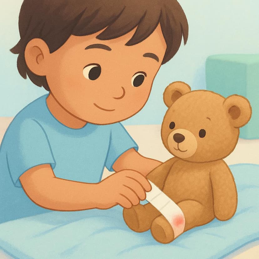 Ein Kind wickelt vorsichtig einen kleinen Verband um das Bein seines Teddybären und zeigt eine Handlung der Fürsorge oder Behandlung.