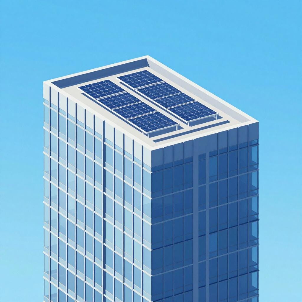 A sleek, futuristic glass building with clean lines and solar panels under a clear blue sky.