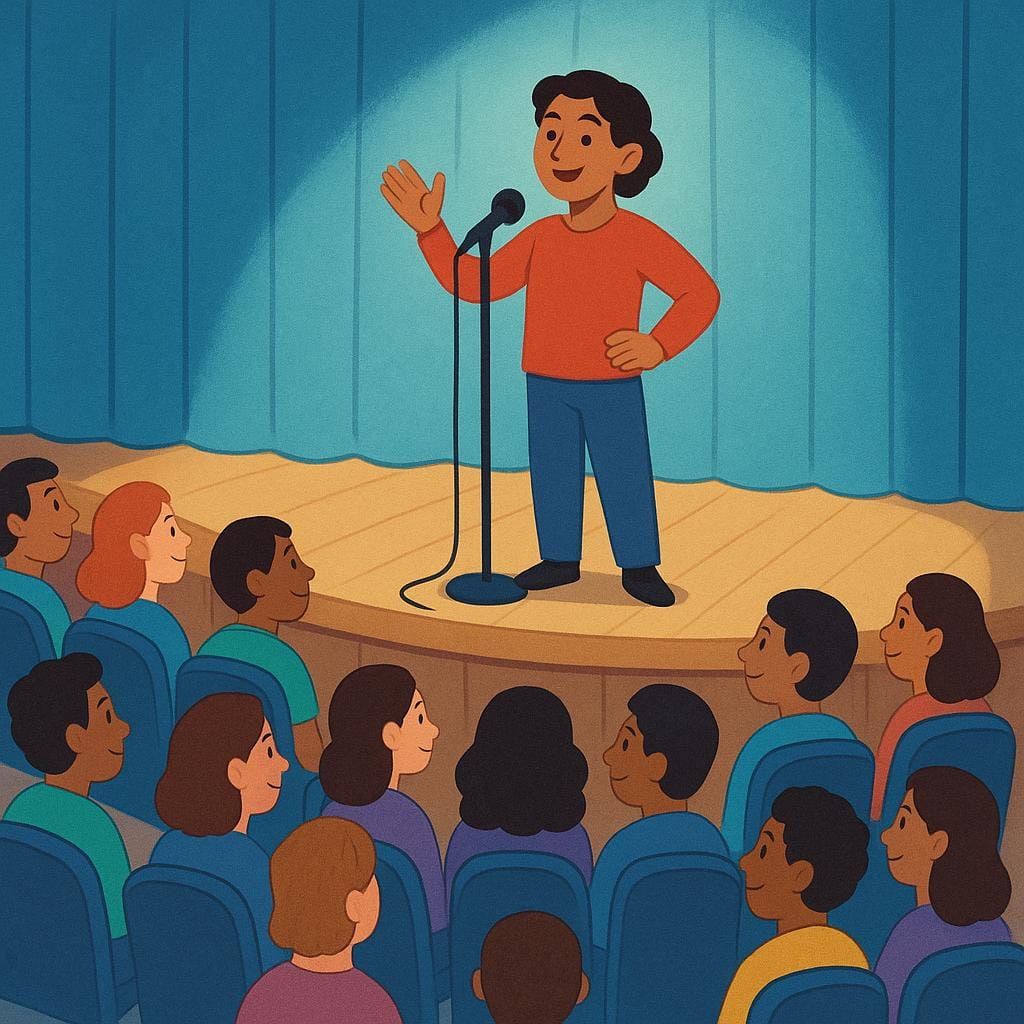 A simple illustration of a large formal meeting. A person stands on a stage behind a microphone addressing a wide audience seated in an auditorium.