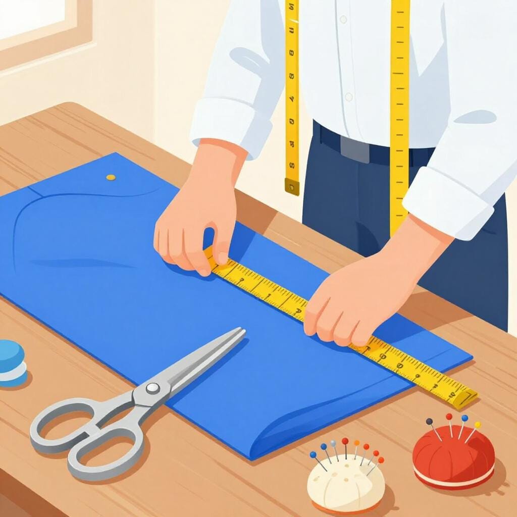 A tailor carefully measuring a piece of blue fabric with a yellow measuring tape on a wooden table.