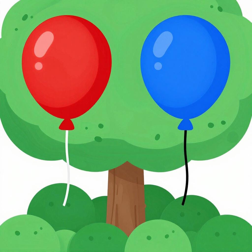 Two different colored balloons floating up into the sky at the exact same moment.