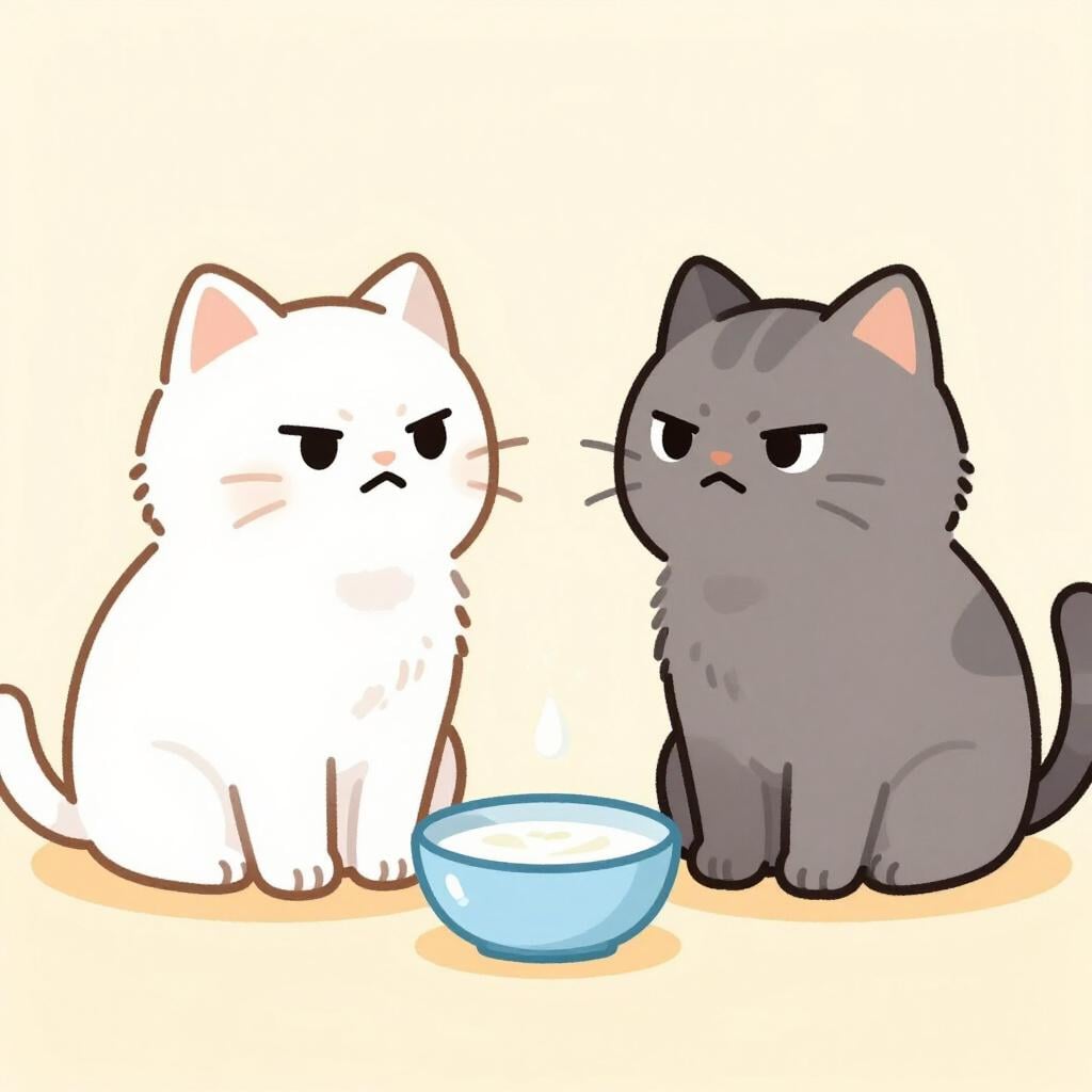 Deux chats de dessin animé en colère séparés par une personne amicale offrant un bol de lait pour les calmer.