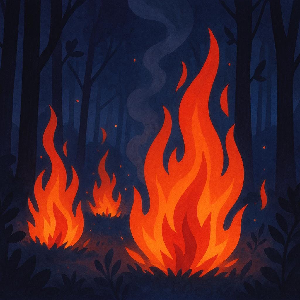 A storybook illustration showing multiple intense, uncontrolled blazes spreading through a dense, dark forest.