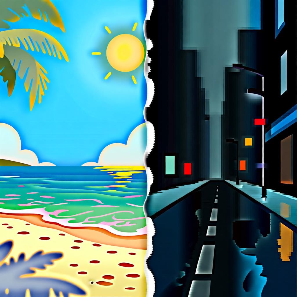 A split image with a sunny beach on the left and a rainy city street on the right, representing contrast.