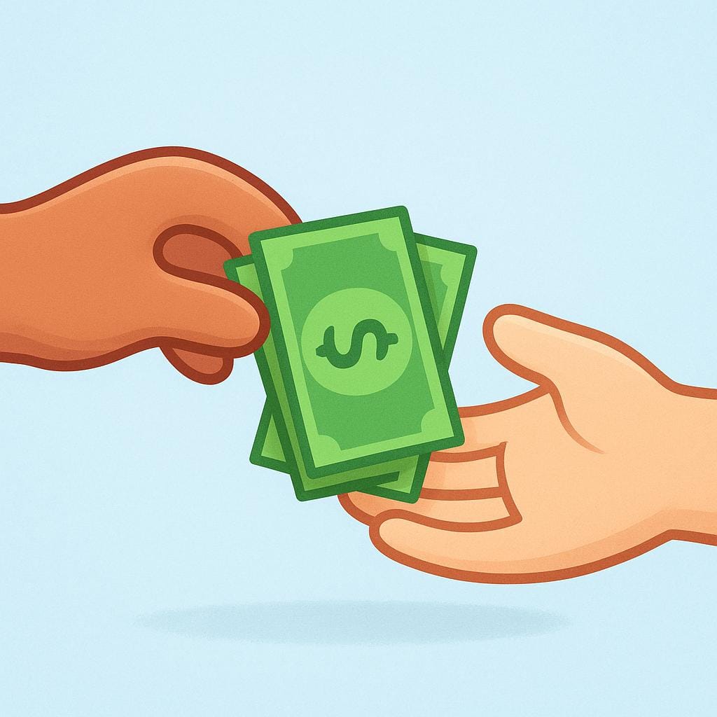 Two cartoon hands positioned across from each other, exchanging a small stack of simplified green paper currency, representing a financial transaction.
