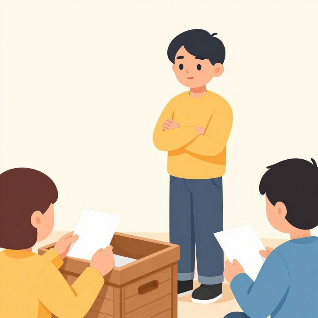 他の人々が投票用紙を入れている中、投票箱の前で腕を組んで立っている人。