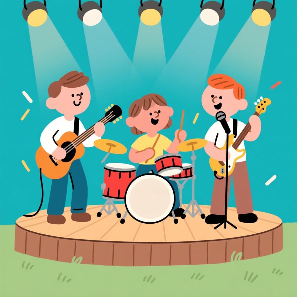 Three cartoon musicians—a guitarist, a drummer, and a singer—standing together and playing instruments on a small stage, representing a musical band.