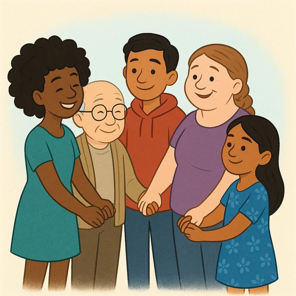 Five simplified, diverse characters standing close together in a circle, holding hands, representing a social group.