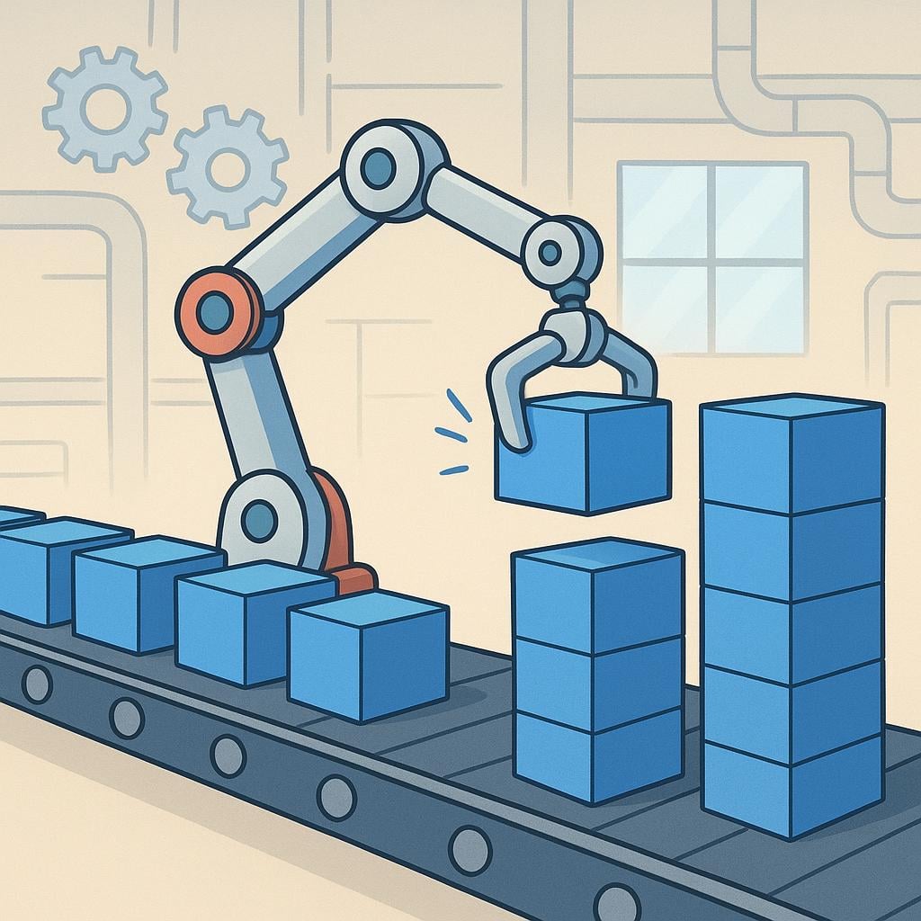 A simple cartoon mechanical arm quickly and efficiently stacking a large volume of uniform blue boxes coming off a conveyor belt in a stylized factory setting.