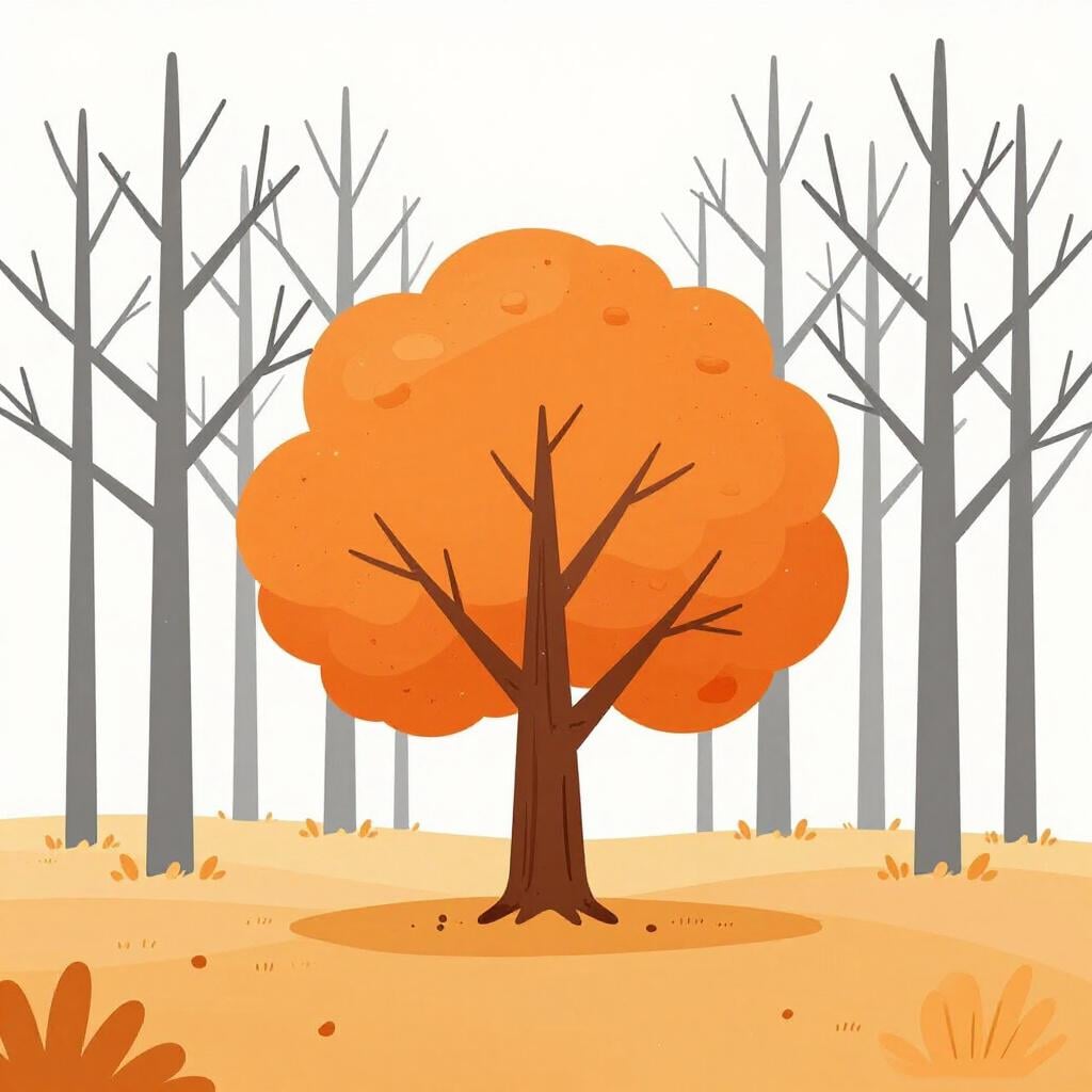 A single tree in a field with orange and red leaves while all other trees are bare.