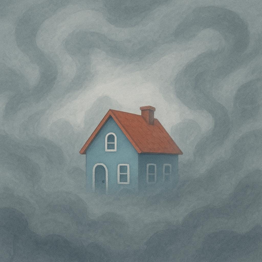 A simple, recognizable image of a house obscured by heavy, swirling gray fog, making the outlines indistinct and the scene blurry.