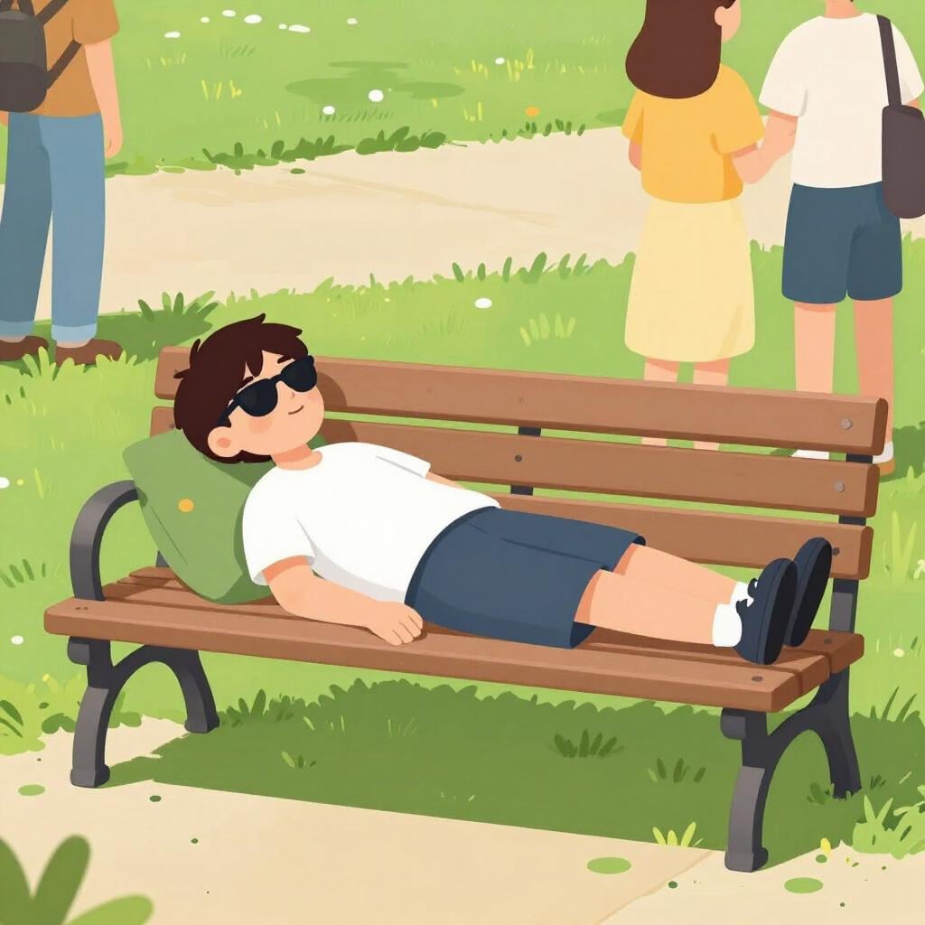 Una persona sdraiata comodamente su una panchina del parco, occupando tutto lo spazio con i piedi sollevati, ignorando gli altri in attesa di sedersi.