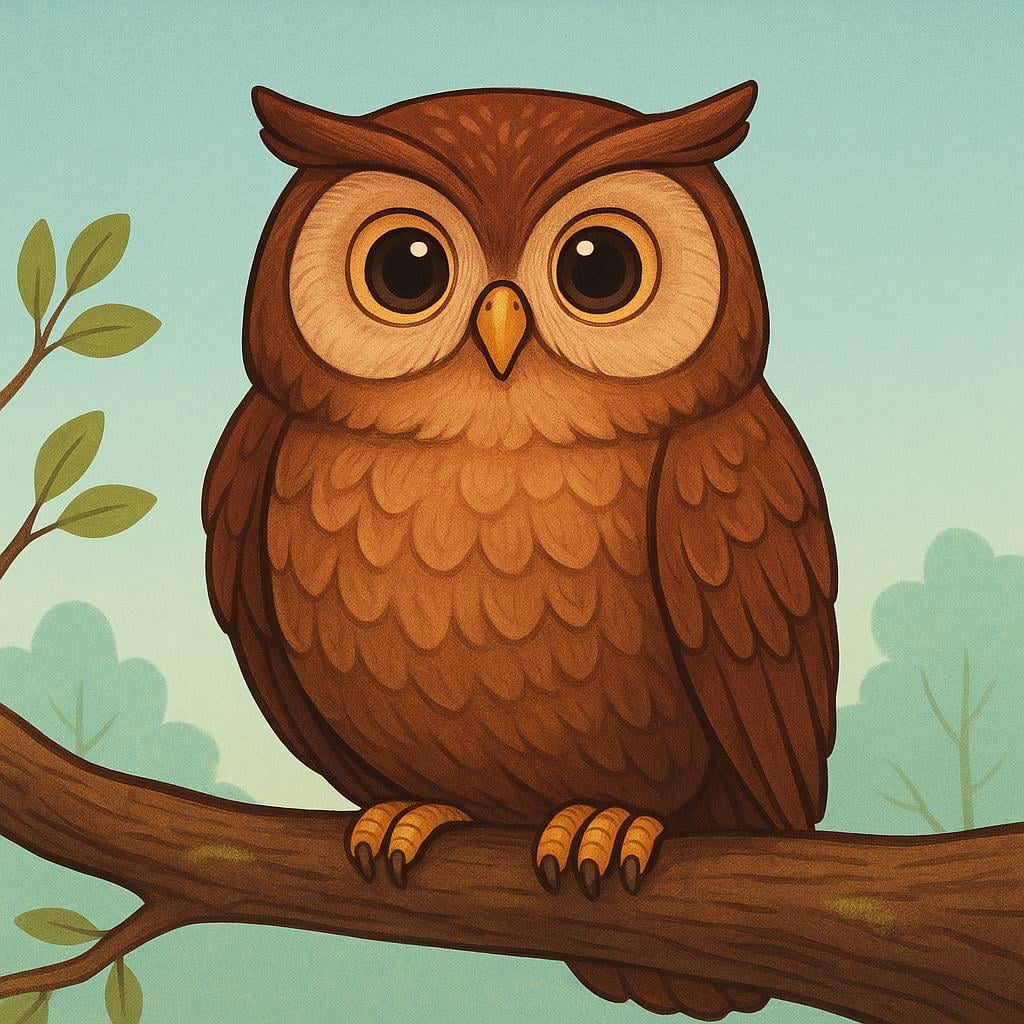 A wide-eyed brown owl perched calmly on a tree branch, symbolizing wisdom and good decision-making.