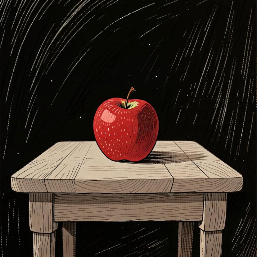 A single, ripe red apple sitting on a simple wooden table, representing the existence of an object.