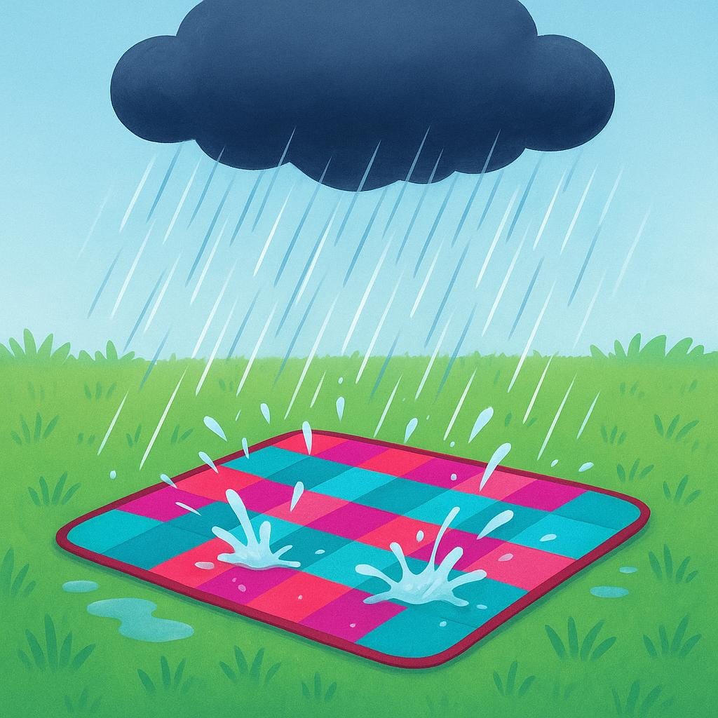 A colorful picnic blanket lying on the grass with sandwiches and drinks scattered, being soaked by a sudden, heavy downpour of rain, depicting a horrible situation.