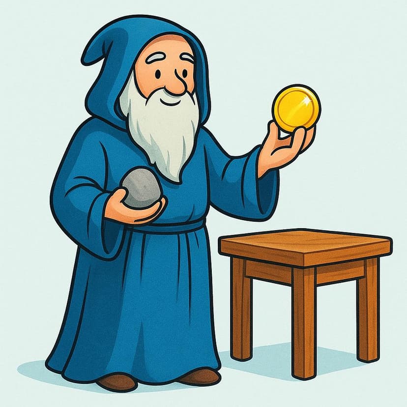 A wizard in a blue robe holds a gray stone in one hand and a shiny gold coin in the other, demonstrating the action of converting one item into another.