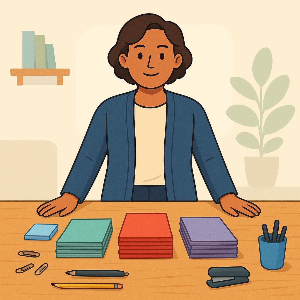 A competent person standing behind a large wooden desk that holds several organized stacks of colored papers, symbolizing management and organization.