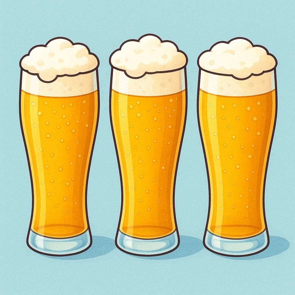 A colorful illustration showing three tall glasses of golden beer, each topped with a thick layer of white foam.