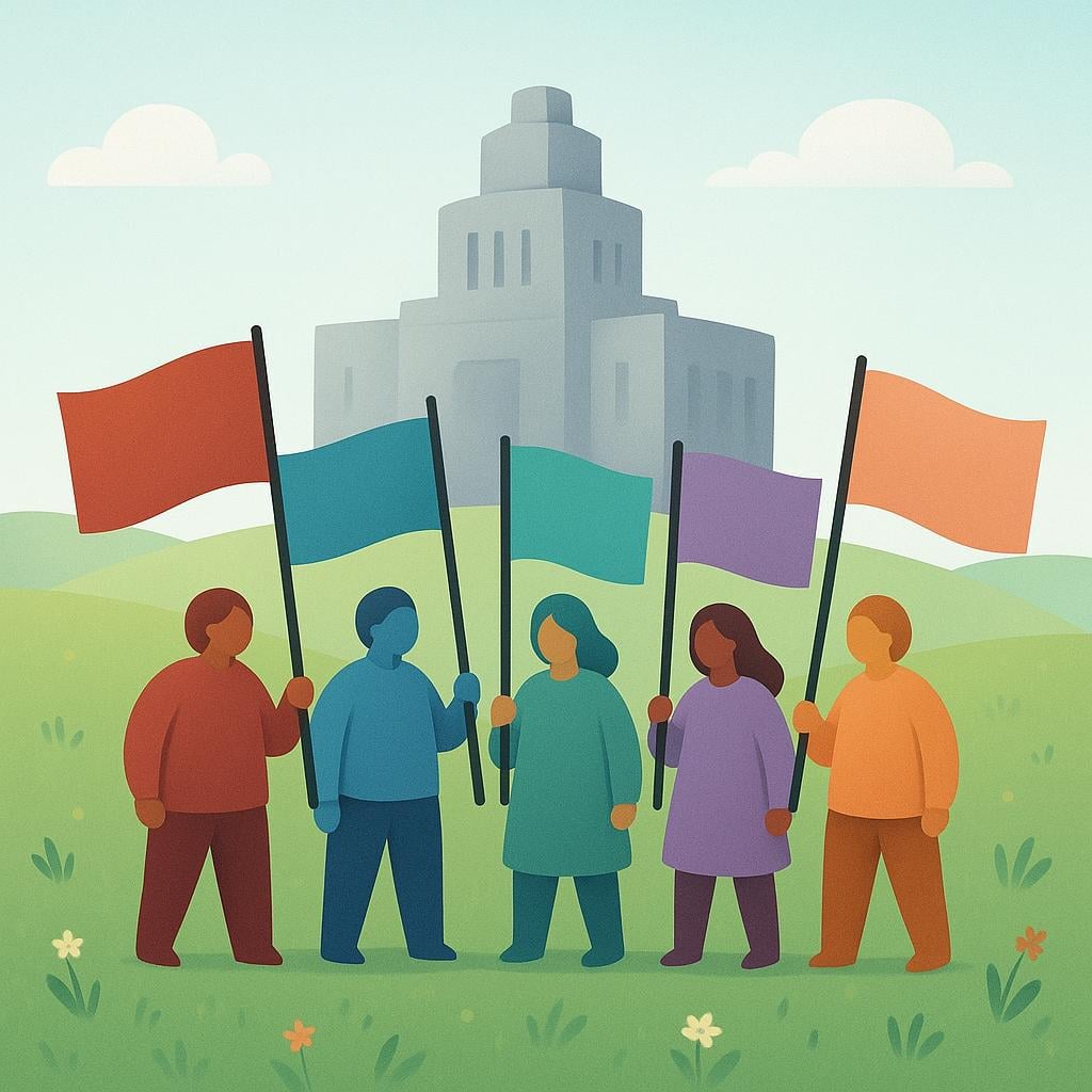 A storybook illustration showing a small, determined group of people holding simple, blank colored flags, standing defiantly against a large, gray, imposing governmental-looking building in the background, symbolizing rebels opposing authority.